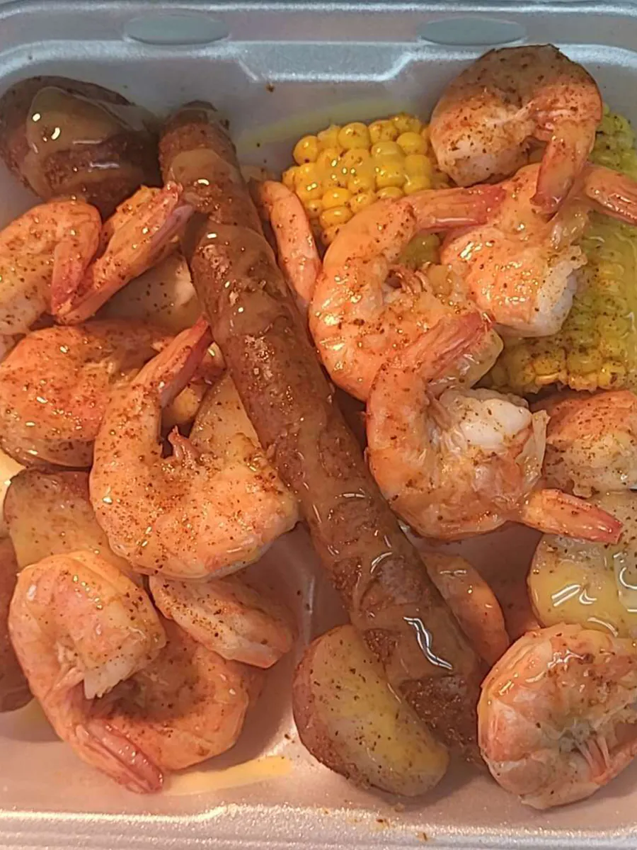 1 LB steam shrimp with corn potatoes and sausage at Seagull Seafood，a Seafood Restaurant in Mobile