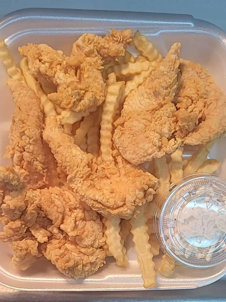 Chicken fingers with coleslaw and fried at Seagull Seafood，a Seafood Restaurant in Mobile