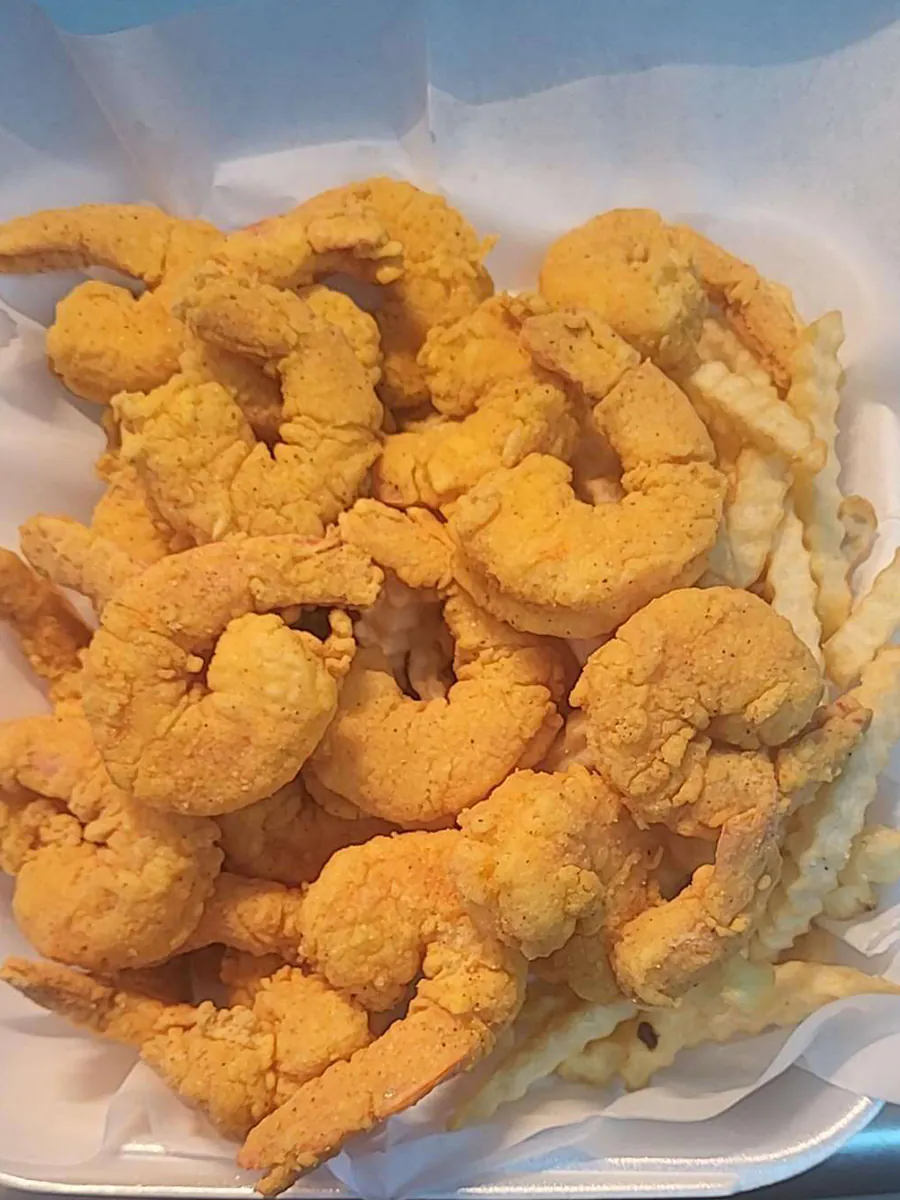 Fried shrimp with French fries and okra at Seagull Seafood，a Seafood Restaurant in Mobile